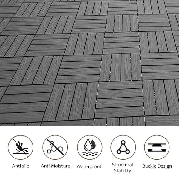Afoxsos 1 ft. x 1 ft. Wood Plastic Composite Deck Tile, All-Weather for Indoor and Outdoor in Dark Grey (20-Pack)