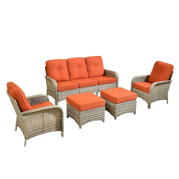 Beverly Gray 5-Piece Wicker Outdoor Patio Conversation Sofa Seating Set with Ottomans and Orange Red Cushions