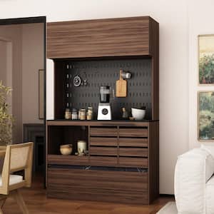Brown Color Wood 47.2 in. W Buffet Kitchen Cabinet Food Pantry with Metal hooks, Drawers, Open Worktable (78.7 in. H)