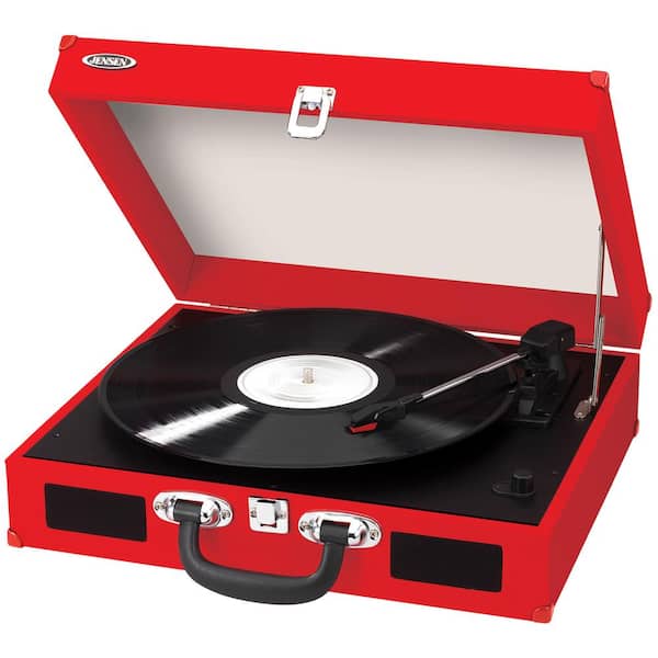 JENSEN Portable 3-Speed Stereo Turntables with Built-In Speakers, Red