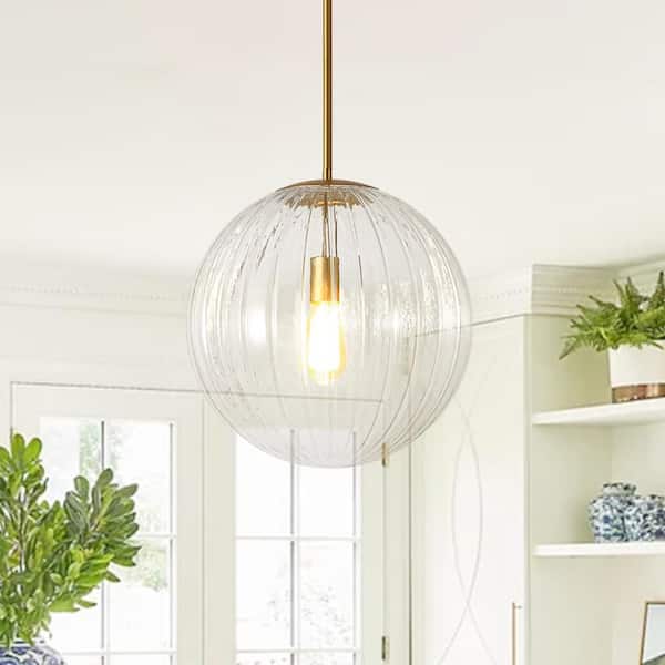 Aero Globe 15 in. 1-Light Brass Moderne Adjustable Height Pendant with Clear Ribbed Glass Shade