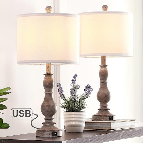 Wood Farmhouse Table Lamp With Usb Port, Lamp Table Combo With Usb