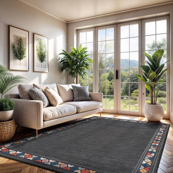 CAMILSON Lara Dark Grey 8 ft. x 10 ft. Bordered Stylish Indoor