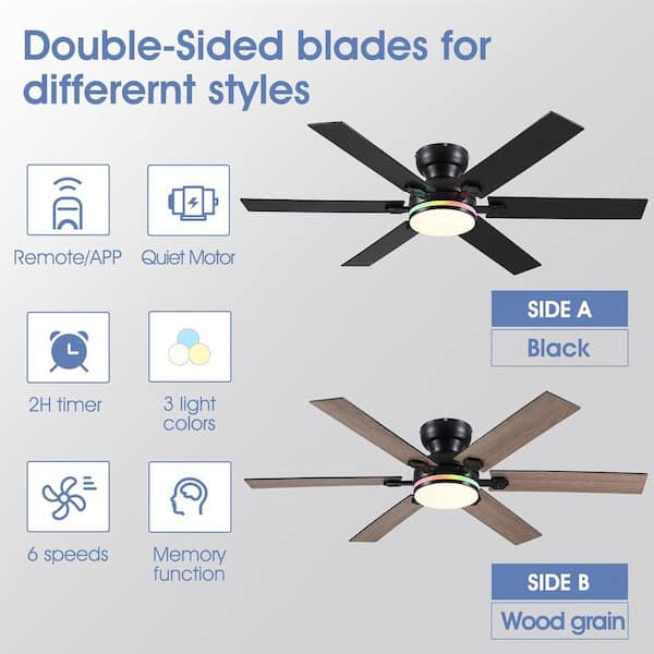 52 in. Indoor/Outdoor Modern Black Flush Mount Propeller Ceiling Fan with RGB Color LED Light and Remote/APP Control
