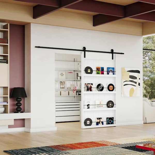 42 in. x 84 in. 4-Levels Shelfs Style, Primed MDF White Finished, Sliding Barn Door with Hardware Kit