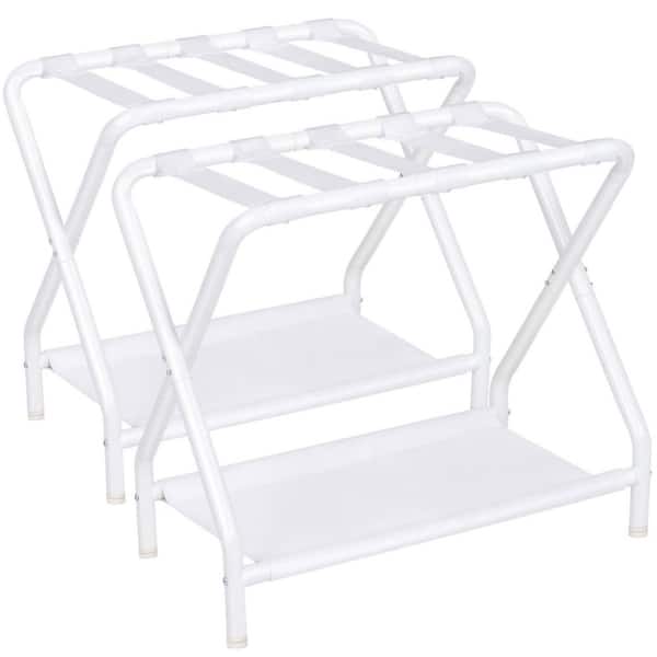 2 Pack Foldable Suitcase Stands for Guest Room, Metal Luggage Holder with Storage Shelf for Bedroom and Hotel, White