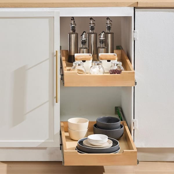 Pull Out Cabinet Organizer, 14 in. W x 21 in. D, Soft Close, Heavy-Duty Sliding Wood Drawer, Bottom and Side Assembly