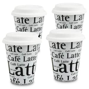 Konitz 4-Piece Cafe Latte Writing on White Porcelain Travel Mug Set