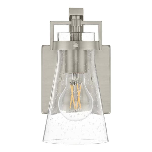 Home Decorators Collection Clermont 5 in. 1-Light Brushed Nickel Bathroom Vanity Light with Seeded Glass Shade