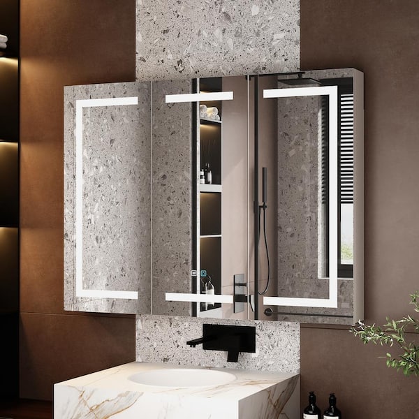 FUFU&GAGA 47.2 in. W x 35.4 in. H Rectangular Surface Mount Bathroom Medicine Cabinet with Mirror, Anti-fog function, LED Light