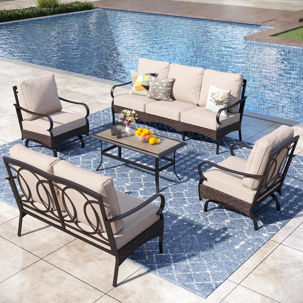 Brown Rattan 5-Piece 7 Seat Steel Outdoor Patio Conversation Set with Beige Cushions, Motion Sofas and Wood-Grain Table price history on PriceWatchPro