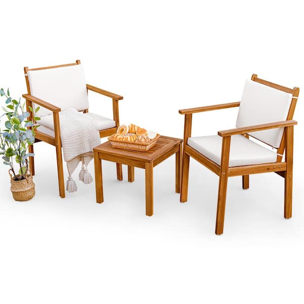 Chillrest 3-Piece Acacia Wood Patio Conversation Set with Cream Cushion