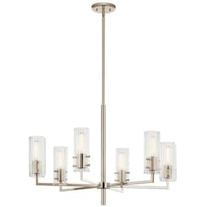 Velestino 30.25 in. 6-Light Polished Nickel Modern Shaded Cylinder Chandelier for Dining Room