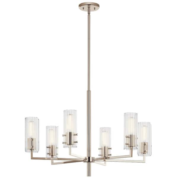 KICHLER Velestino 30.25 in. 6-Light Polished Nickel Modern Shaded Cylinder Chandelier for Dining Room