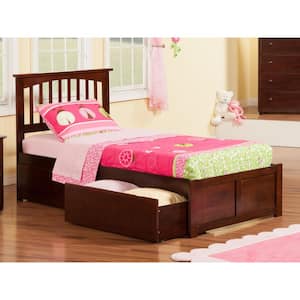 Mission Walnut Twin XL Solid Wood Storage Platform Bed with Flat Panel Foot Board and 2 Bed Drawers