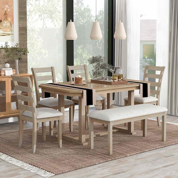 6-Piece Natural Wood Wash Wood Top Dining Room Set Seats 5