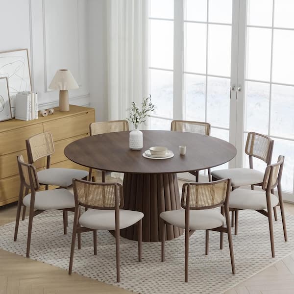 Dovelina 60 in. Natural Oak Wood Walnut Color Column Pedestal Round Kitchen Table Dining Table Seats 6