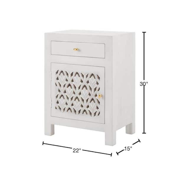 Hallie Carved Single Door 1-Drawer Whitewash Nightstand (30 in. H x 22 in. W x 15 in. D)