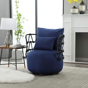 Fashionable Upholstered Tufted Textured Linen Fabric Barrel Chair with Metal Stand - Navy