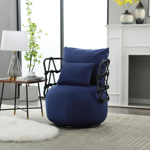aisword Fashionable Upholstered Tufted Textured Linen Fabric Barrel Chair with Metal Stand - Navy