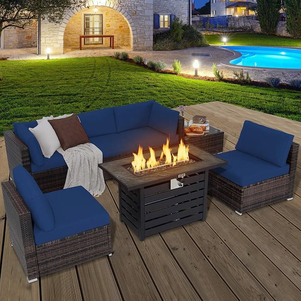 7-Pieces Patio Rattan Furniture Set 42 in. Fire Pit Table with Cover Cushioned Navy