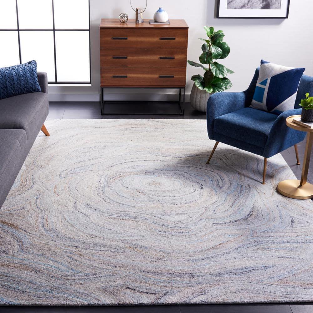 Blue and Beige Abstract Wool 8' x 10' Area Rug