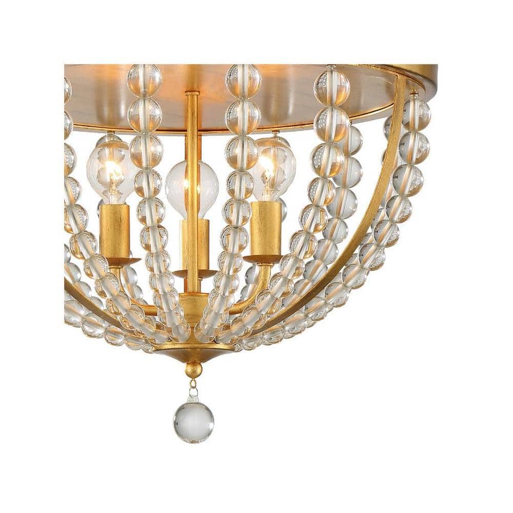 Elegant Antique Gold 3-Light Flush Mount with Clear Glass Beads