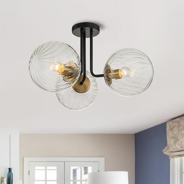 EDISLIVE Lueck 22.01 in. 3-Light Modern Black & Gold Sputnik Swirl Glass Globe Semi Flush Mount