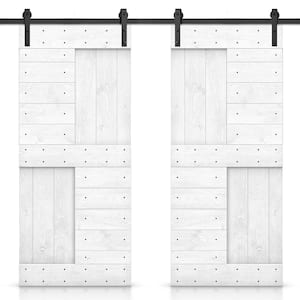 48 in. x 84 in. White Stained DIY Knotty Pine Wood Interior Double Sliding Barn Door with Hardware Kit