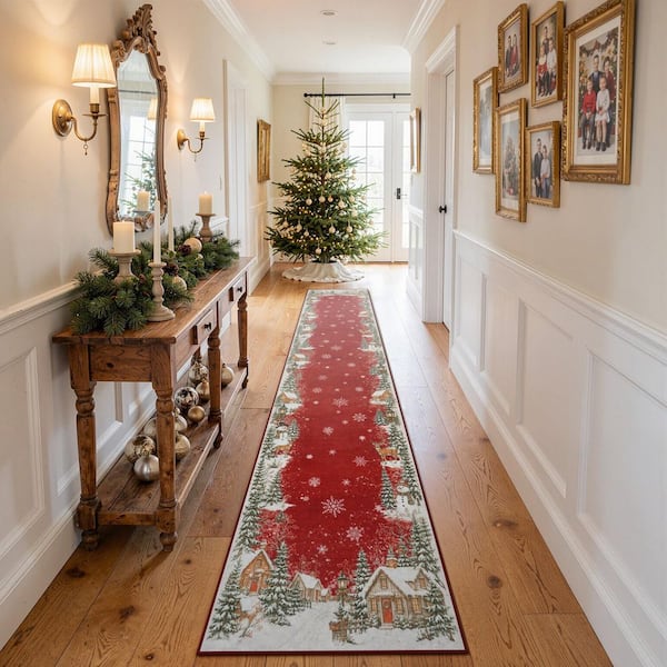 Snowy Village 2 ft. x 10 ft. Red Christmas Washable Area Rug Runner Rug