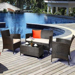 4-Piece Wicker Patio Conversation Furniture Set Sofa Chair with Brown and Grey Cushions Garden