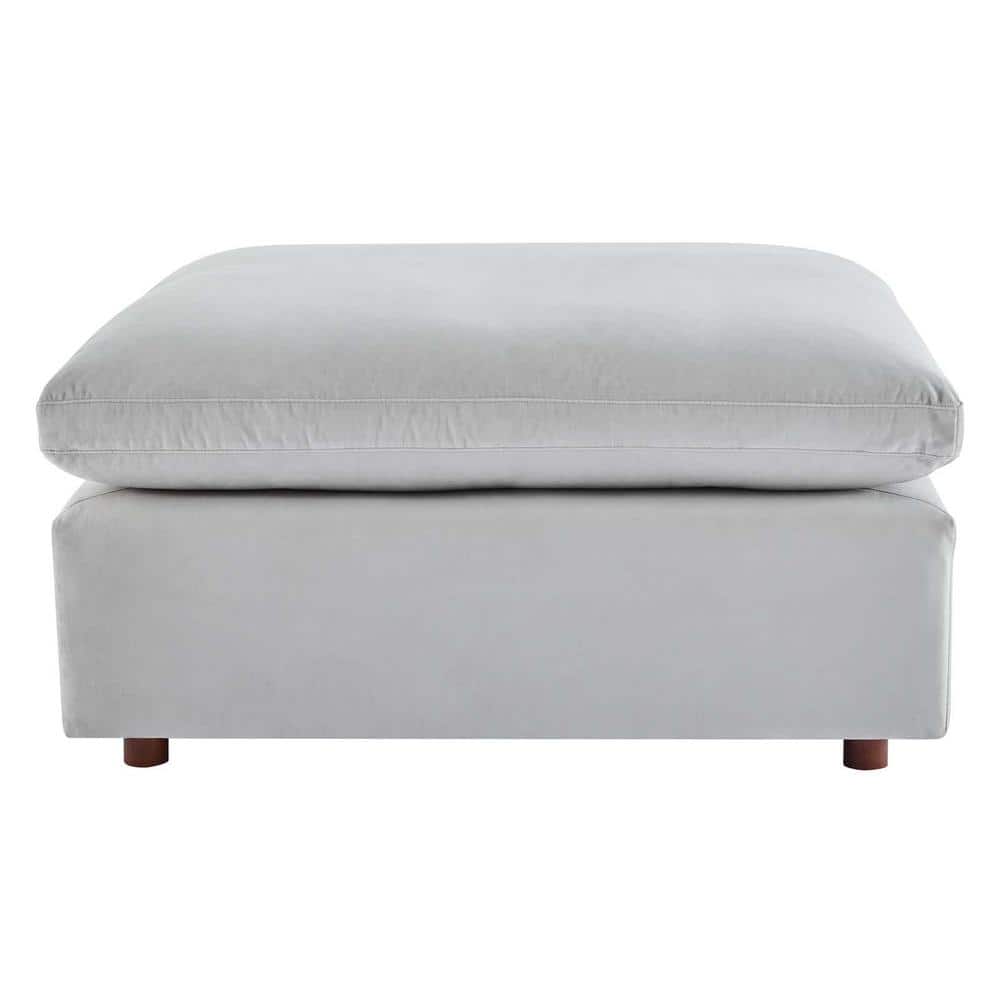 Light Gray Velvet Overstuffed Ottoman with Solid Wood Frame