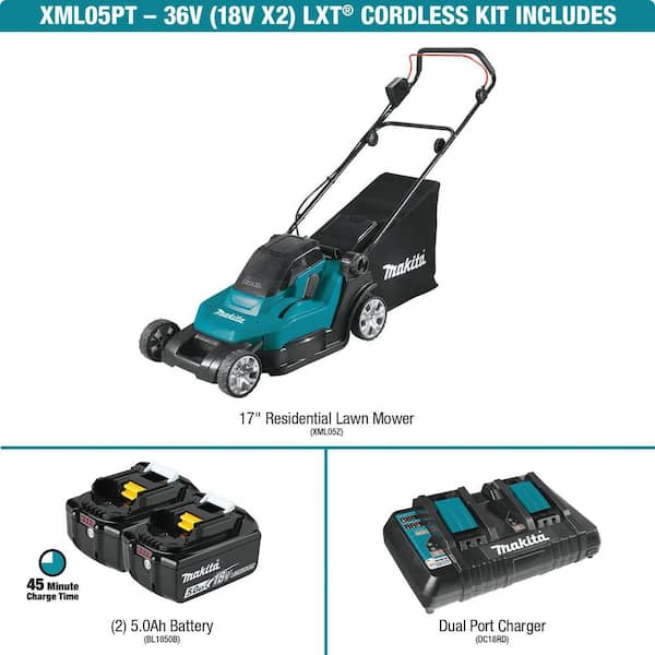 Makita 18V X2 (36V) LXT 17 in. Walk Behind Residential Lawn Mower Kit (5.0Ah) with LXT Blower and LXT 13 in. String Trimmer