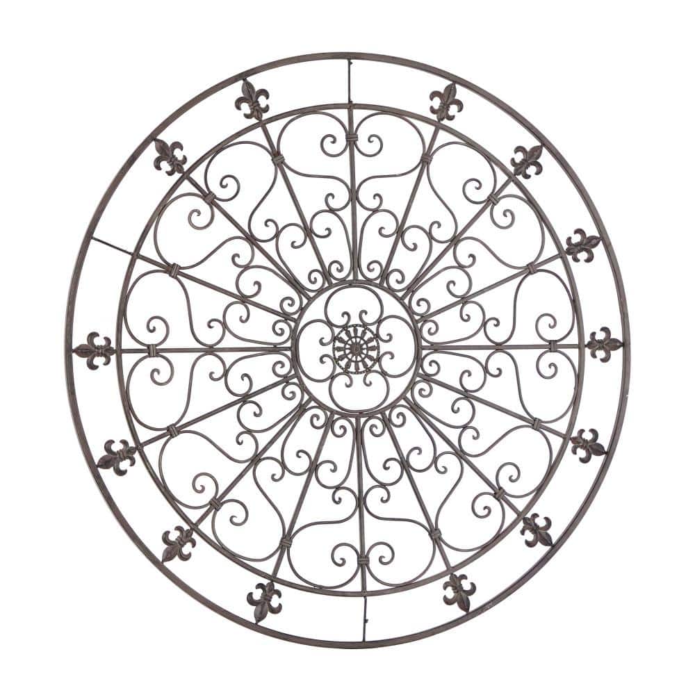 Black Iron Scrollwork and Fleur De Lis Round Wall Sculpture