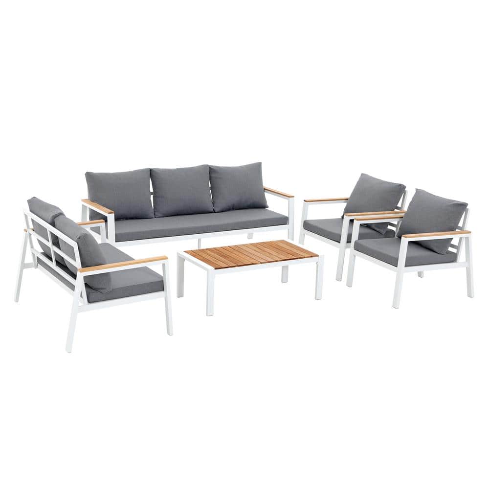 White 5-Piece Aluminum Outdoor Sectional Set with Gray Cushions
