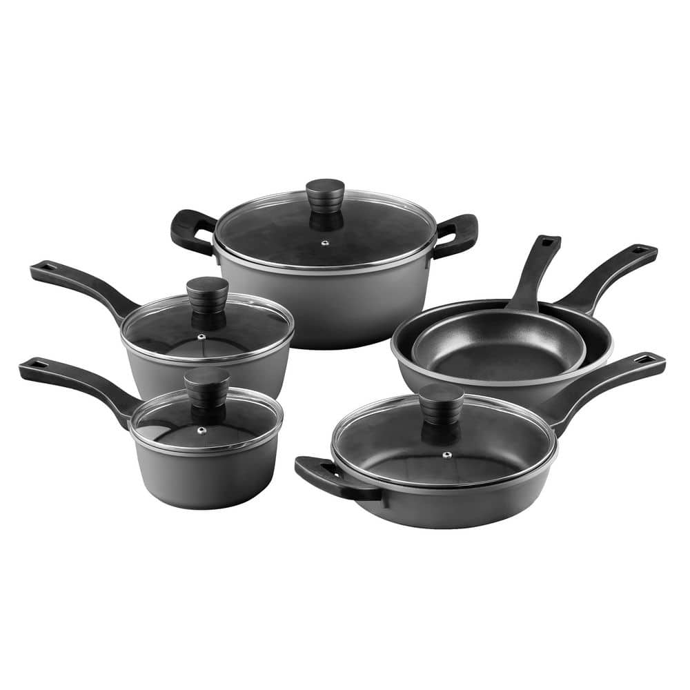 Serenelife 6-Piece Set Pots and Pans Basic Kitchen Cookware, Black Non-Stick Coating Inside, Gray
