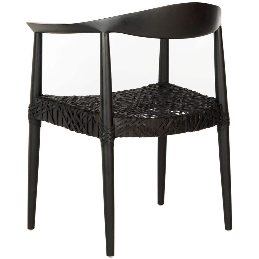 Mid-Century Modern Black Leather Teak Wood Accent Chair
