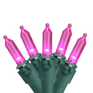 Set of 50 Pink LED Mini Christmas Lights with Green Wire