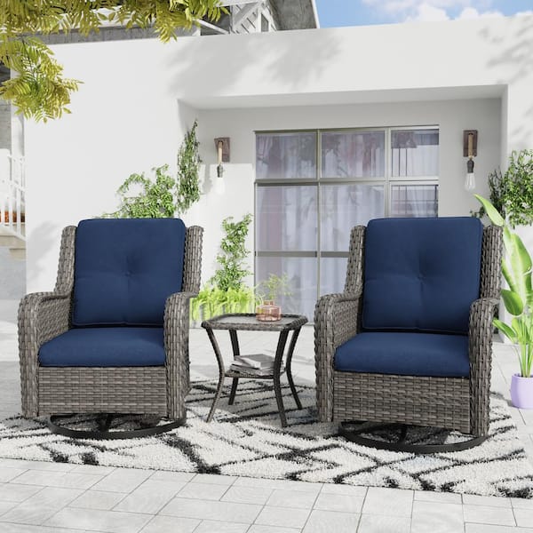 3-Piece Wicker Patio Conversation Set Swivel Outdoor Rocking Chair Set with Blue Cushions and Table