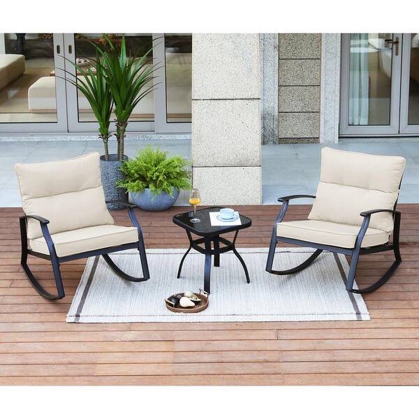 3 Piece Metal Outdoor Rocking Chair Bistro Set With Beige Cushions Odj0001b Be - Outdoor Patio Rocking Chair Sets Uk