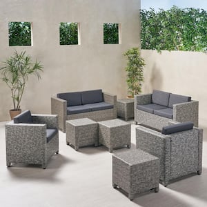 Puerta Mixed Black 8-Piece Plastic Patio Conversation Seating Set with Dark Grey Cushions