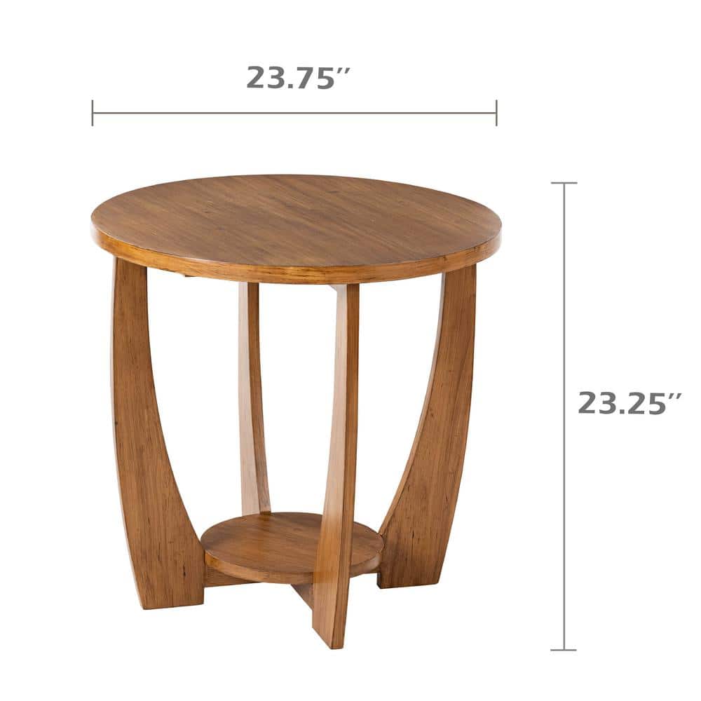 Rustic Caramel Brown Round Wood End Table with Shelf