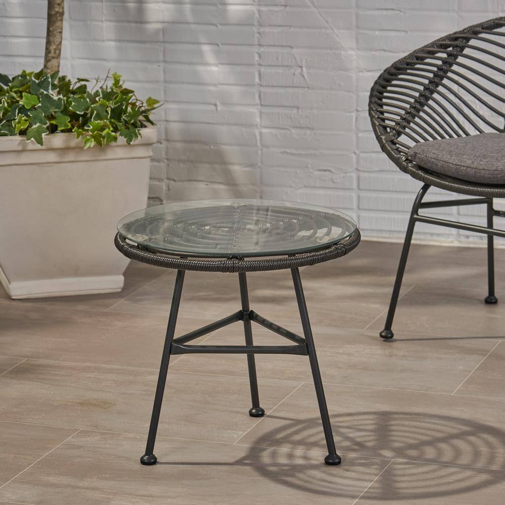 Gray and Black Round Faux Rattan Outdoor Side Table with Tempered Glass Top