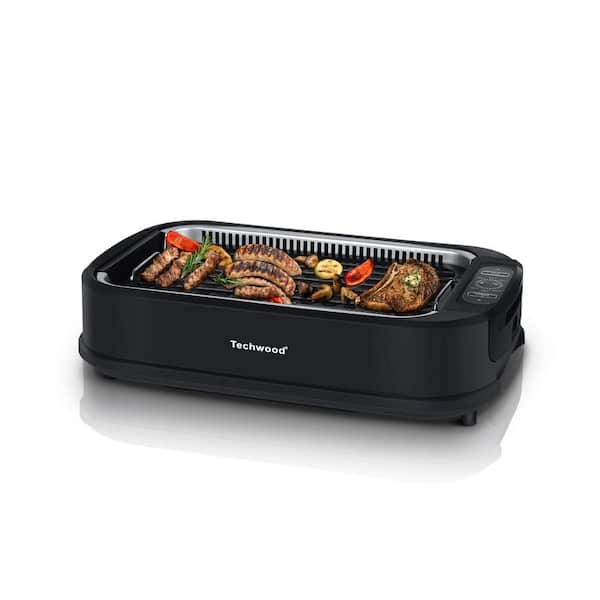 Techwood Smokeless Grill 1500W Indoor Grill with Tempered Glass Lid, Compact Portable Non-Stick BBQ Grill, Turbo Smoke Extractor Technology, Drip TR