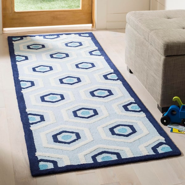 Kids 2 ft. x 7 ft. Blue/Ivory Hexagon Geometric Runner Rug