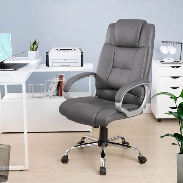Gray Leather Modern Home Office Chair Upholstered High Back Desk
