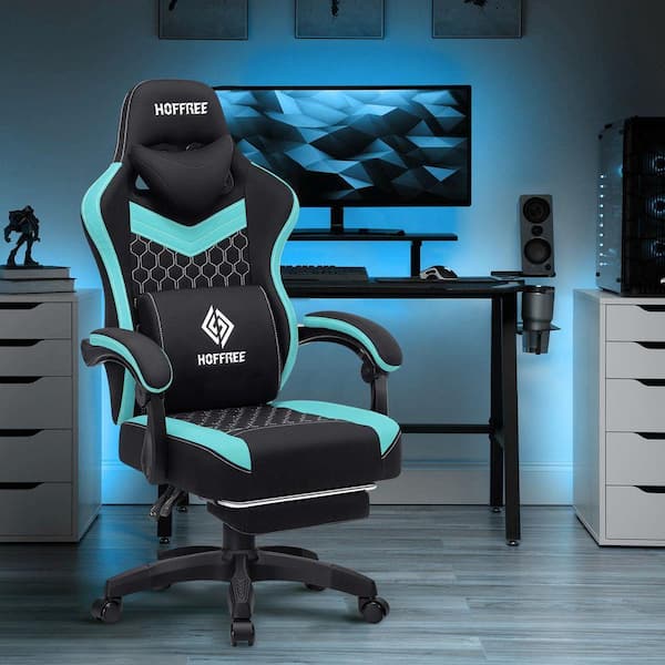 Hoffree Fabric Reclining Ergonomic Gaming Chair in Teal/Black with  Bluetooth Speakers and Vibration Lumbar Pillow POA10898569