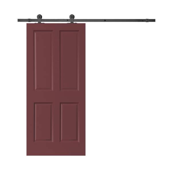 CALHOME 30 in. x 80 in. Maroon Stained Composite MDF 4 Panel Interior Sliding Barn Door with Hardware Kit