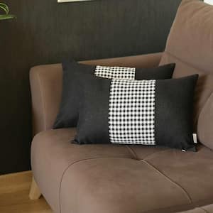 Charlie Set of 2-Black and White Houndstooth Zippered Handmade Polyester Lumbar Pillow 12 in. x 20 in.
