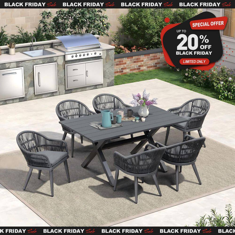 7 Piece Aluminum All-Weather PE Rattan Rectangular Outdoor Dining Set with Cushion, Grey price history on PriceWatchPro